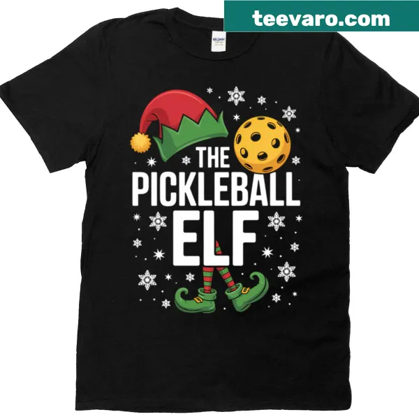 Cute cartoon design of elves playing pickleball for kids' Christmas tee