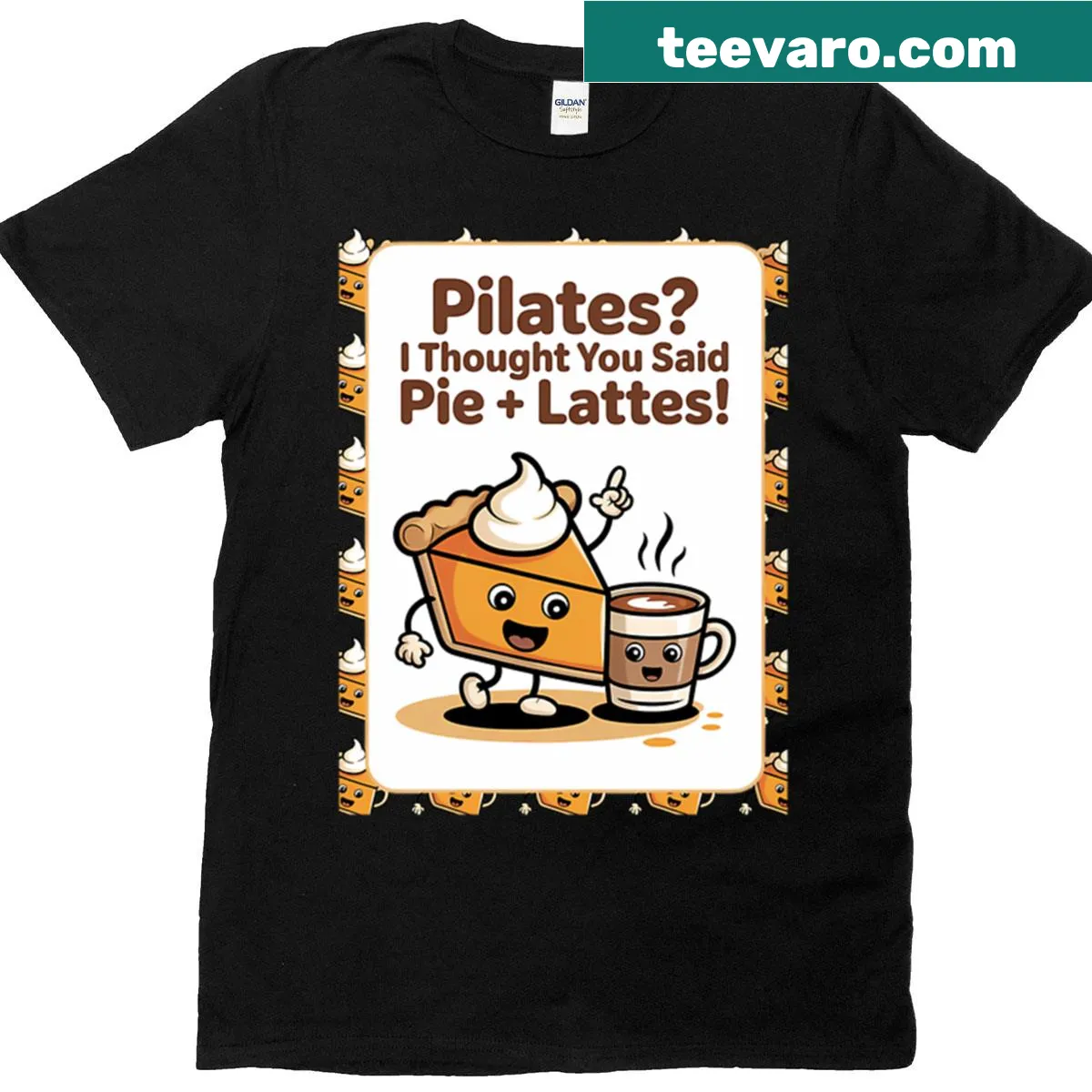 Funny typography t-shirt with 'Pilates' and 'Pie Lattes' text — on a men's t-shirt