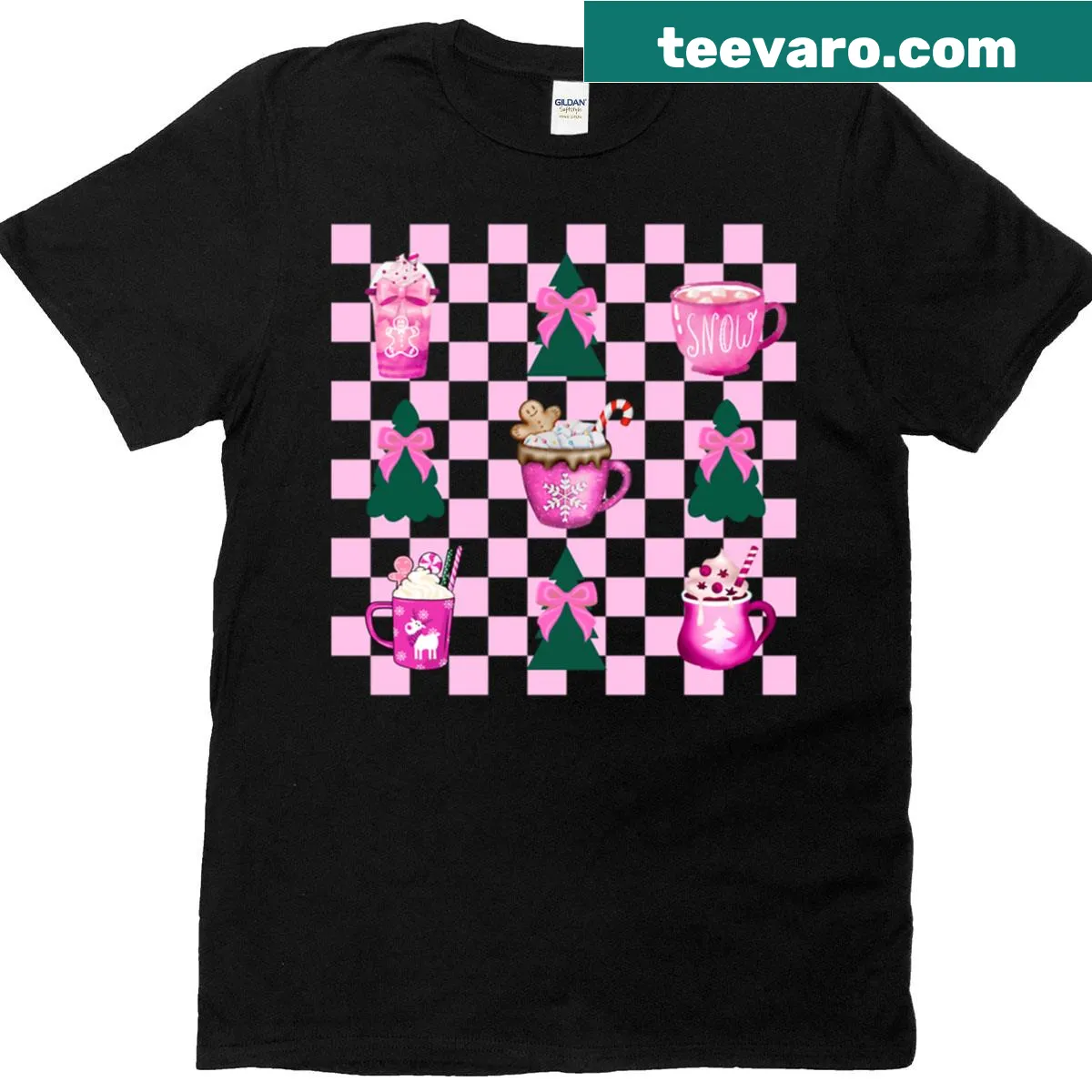 Playful coffee-themed T-shirt with checkerboard design. — on a men's t-shirt