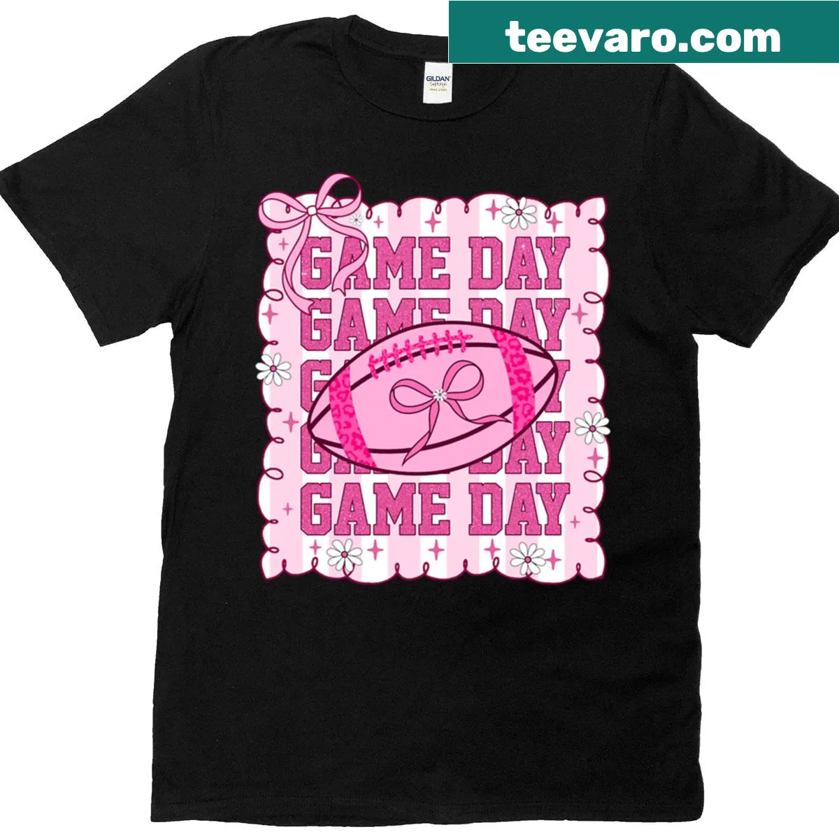 Game day T-shirt with pink glitter design for football fans — on a men's t-shirt