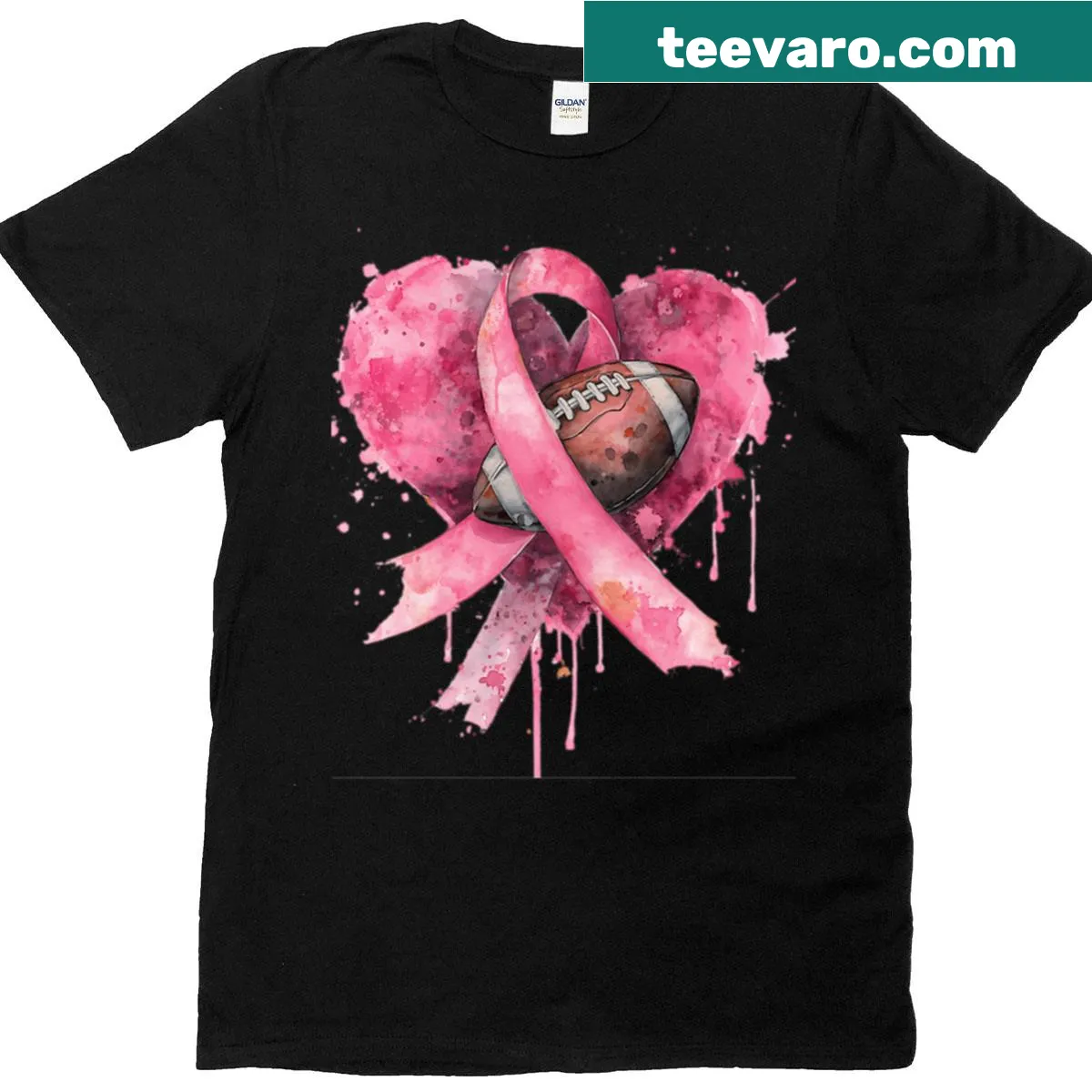 Watercolor t-shirt with pink ribbon and football heart design — on a men's t-shirt
