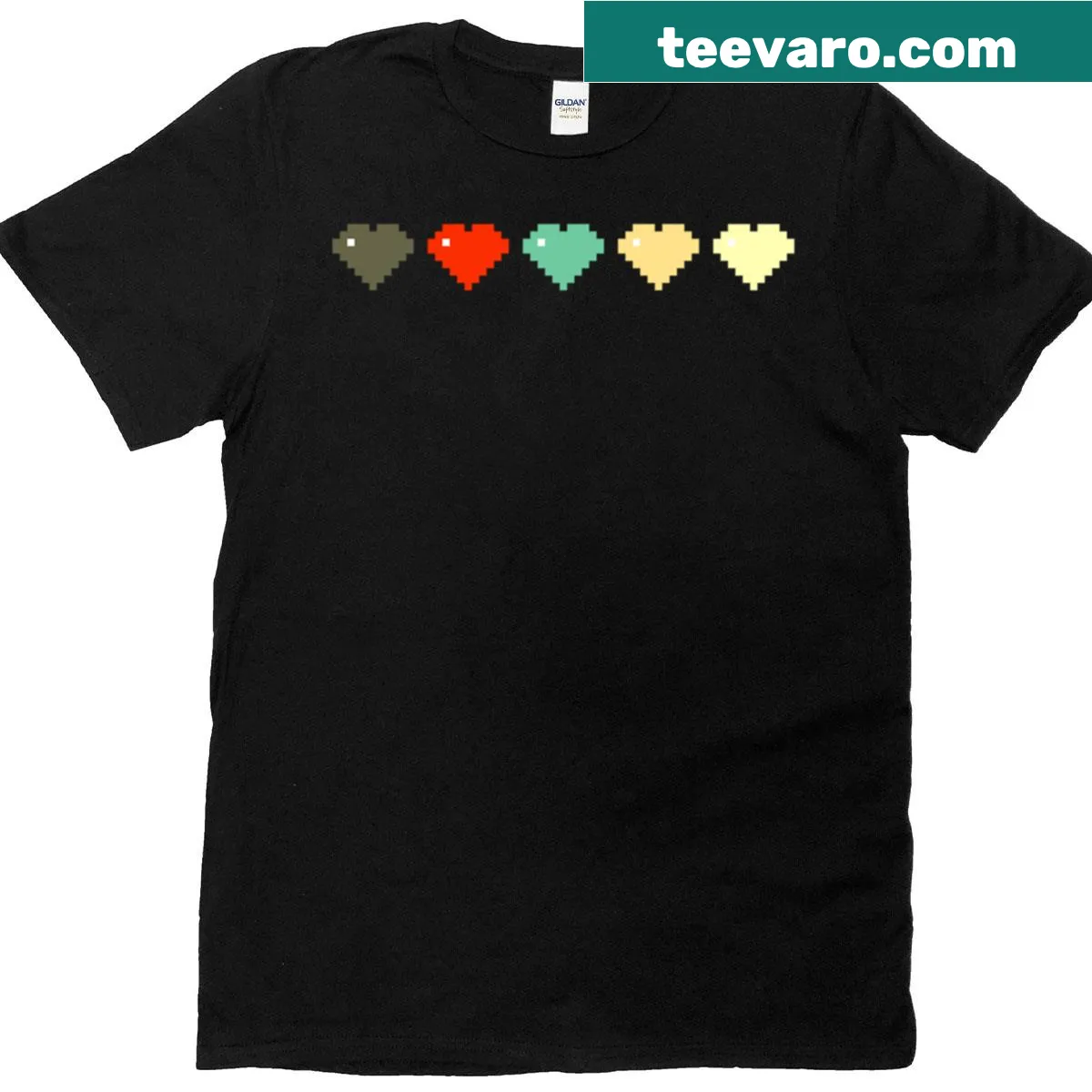 Retro life bar graphic T-shirt featuring pixel hearts design — on a men's t-shirt
