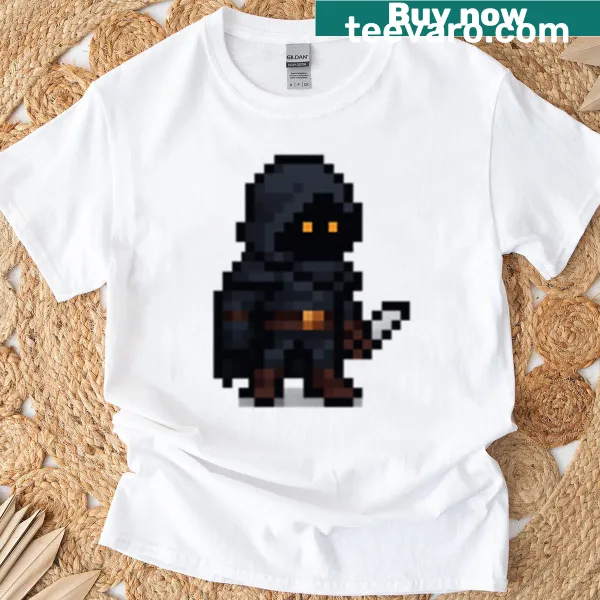 Pixel art rogue character design on a hooded T-shirt