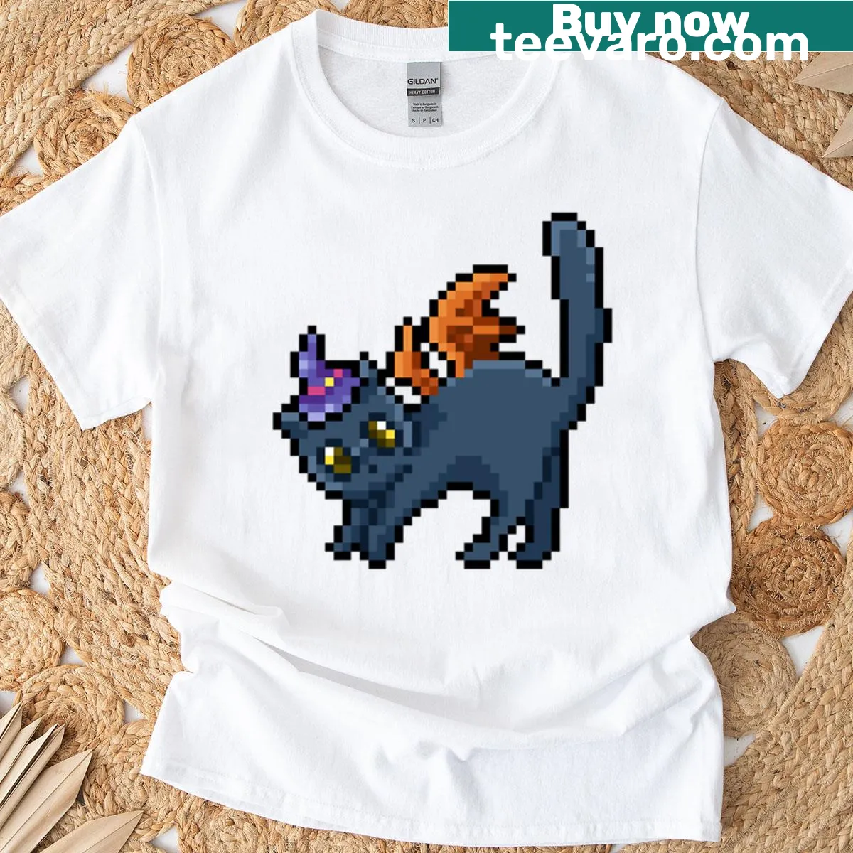 Illustrated cute pixel witch cat with magical symbols — on a men's t-shirt