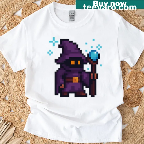 Retro 8-bit wizard graphic with magical sparkles