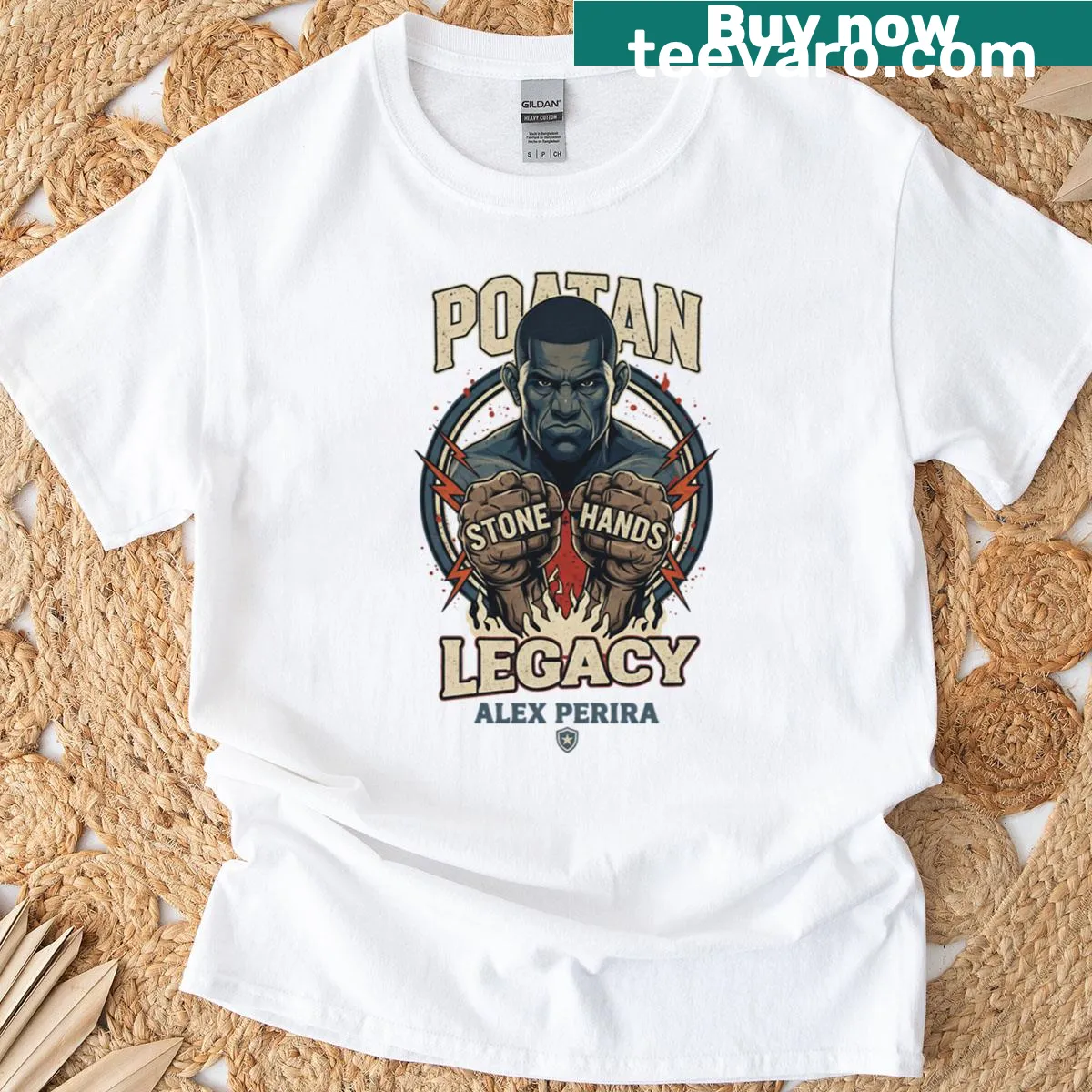 Alex Pereira Stone Hands tribute typography on a T-shirt — on a men's t-shirt