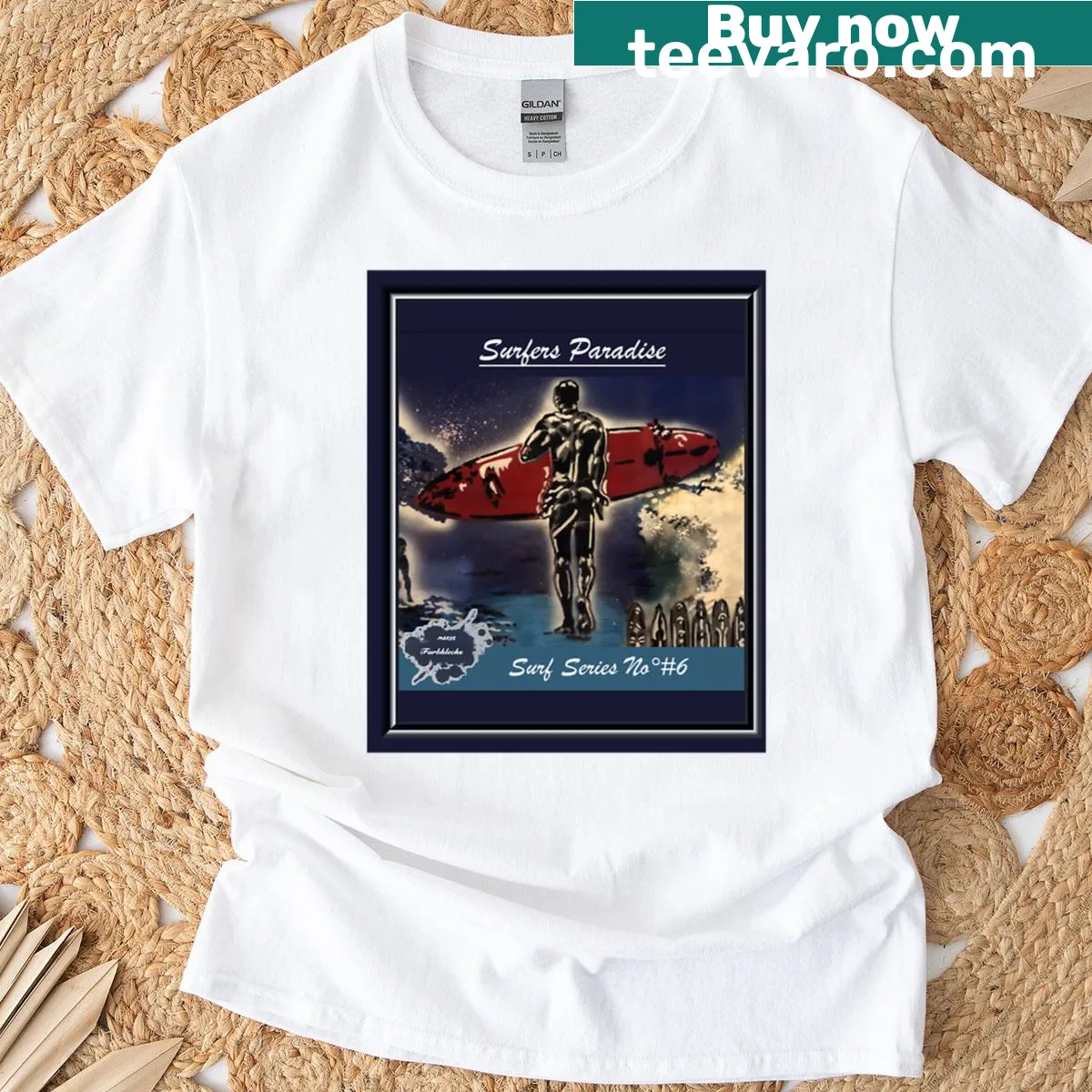 Illustration of a surfer with his board on t-shirt — on a men's t-shirt