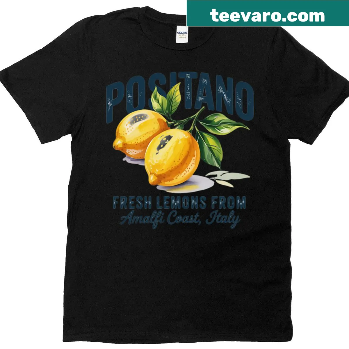 Graphic of lemons and coastal elements representing Positano — on a men's t-shirt