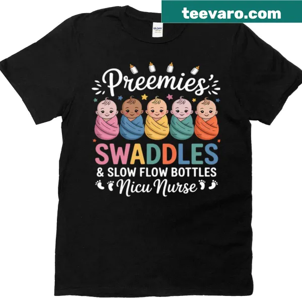 Illustrated newborn t-shirt featuring swaddles and slow flow bottles
