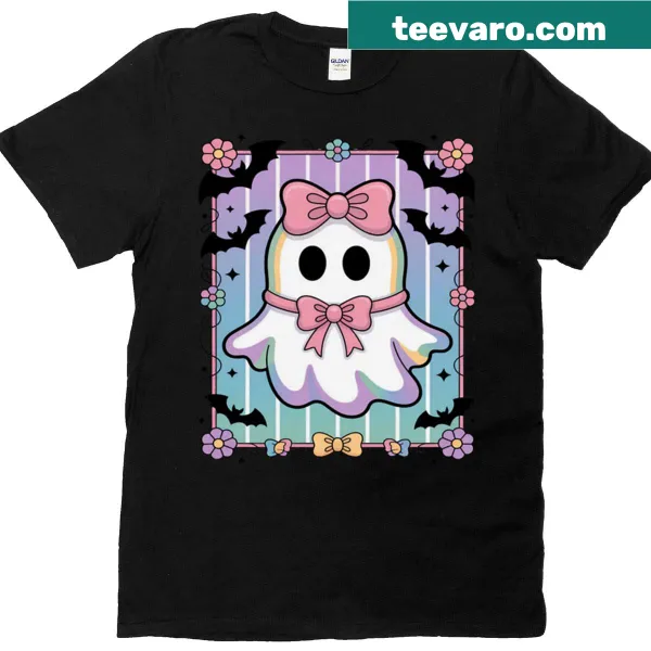 Cute T-shirt featuring a ghost with a holographic bow for Halloween.