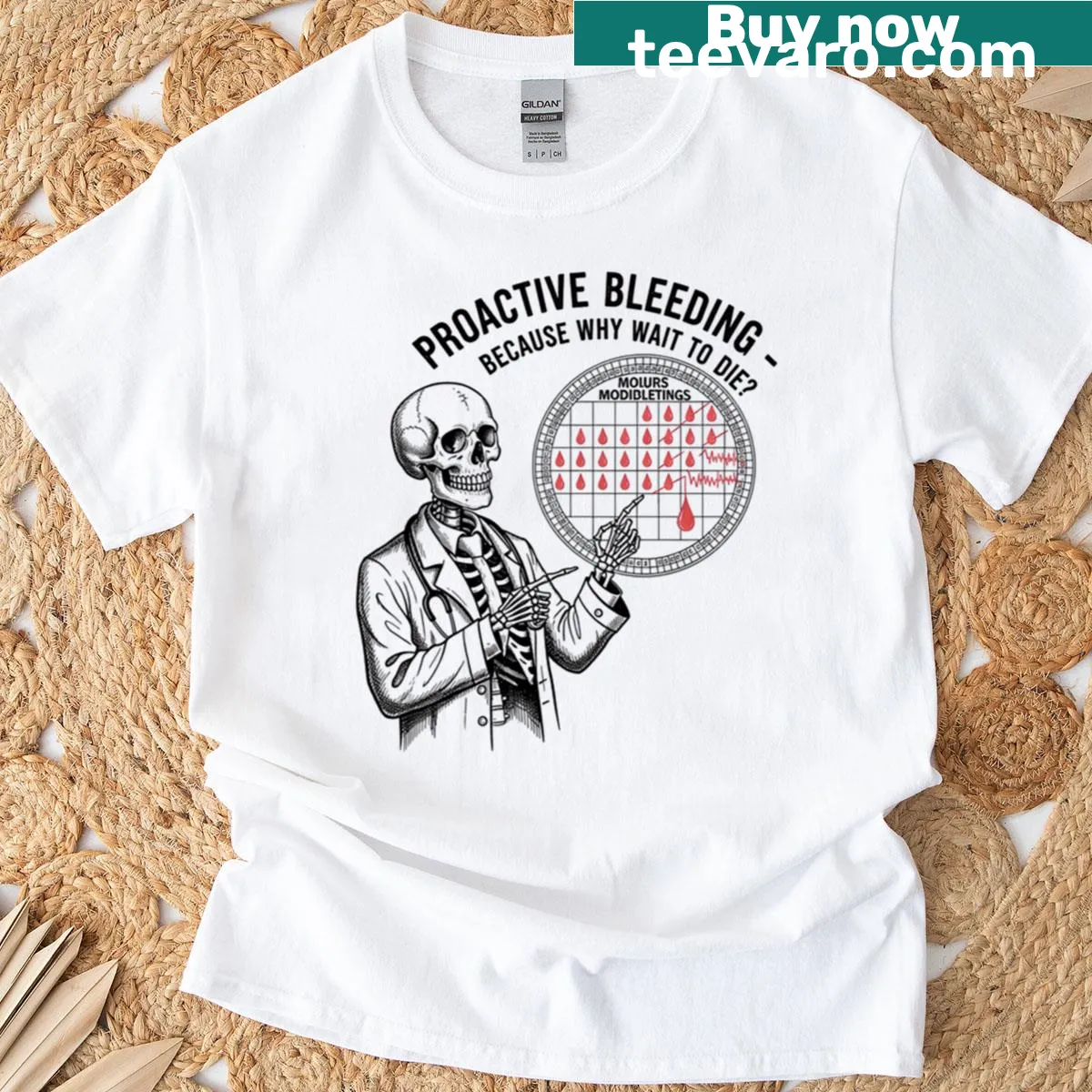 Humorous t-shirt featuring dark medical history graphic — on a men's t-shirt
