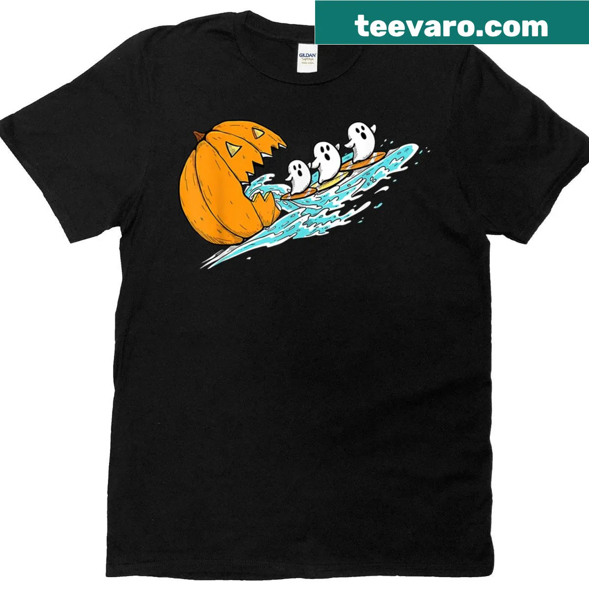 Cartoon ghosts surfing and eating pumpkins on a Halloween t-shirt — on a men's t-shirt