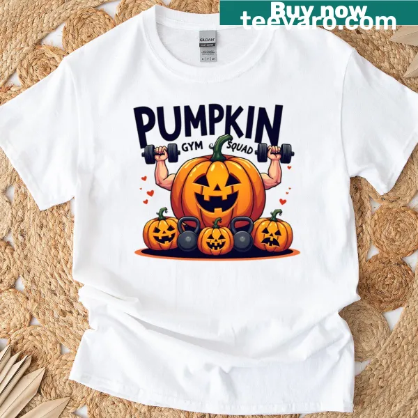 Funny cartoon pumpkin lifting weights for Halloween fitness