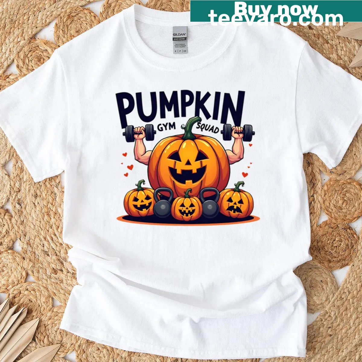 Funny cartoon pumpkin lifting weights for Halloween fitness — on a men's t-shirt
