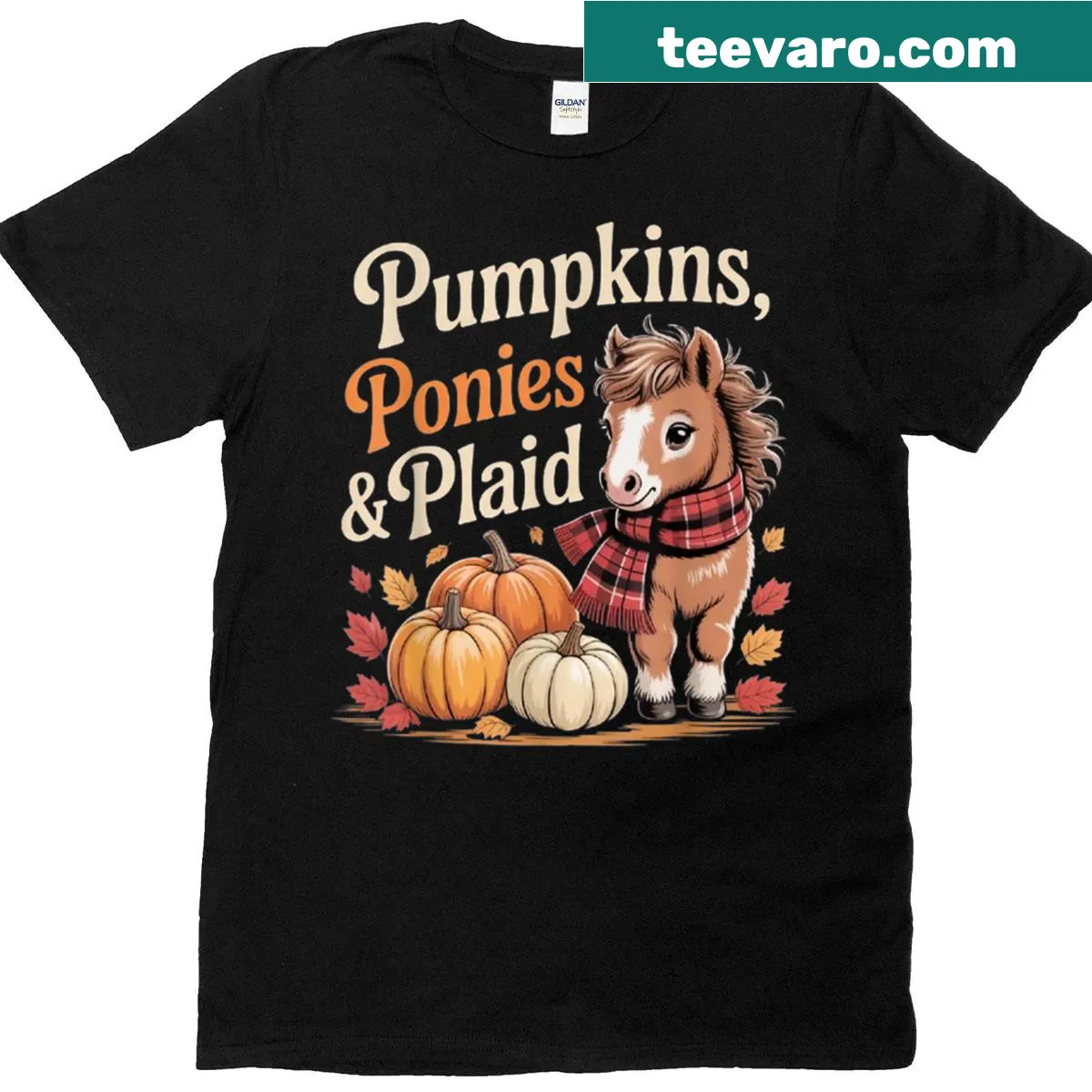 T-shirt featuring pumpkins, ponies, and plaid in a farmhouse style — on a men's t-shirt