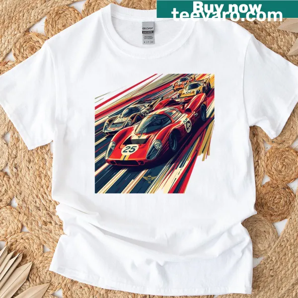 Dynamic art t-shirt showcasing racing cars in motion.