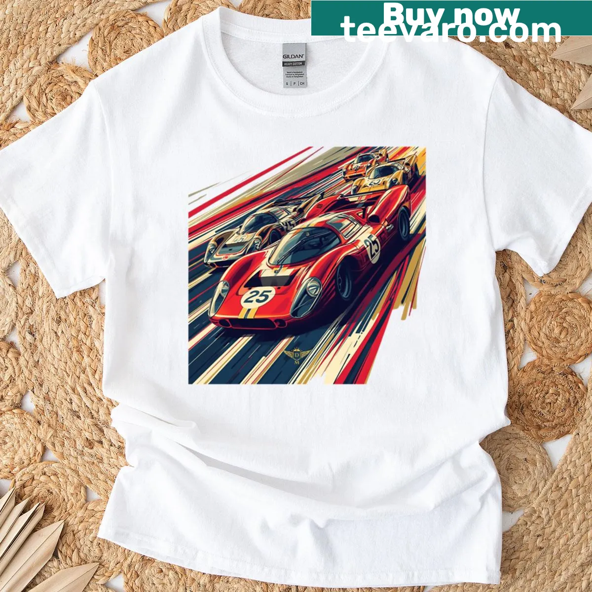 Dynamic art t-shirt showcasing racing cars in motion. — on a men's t-shirt