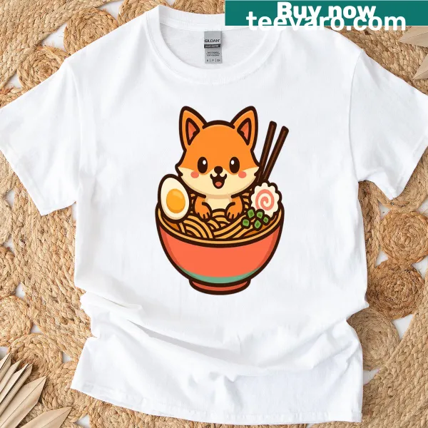Cartoon fox with noodle bowl on kawaii style T-shirt