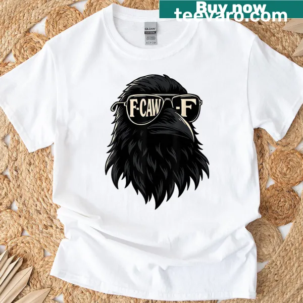 Funny T-shirt with a cartoon raven in sunglasses and pun text