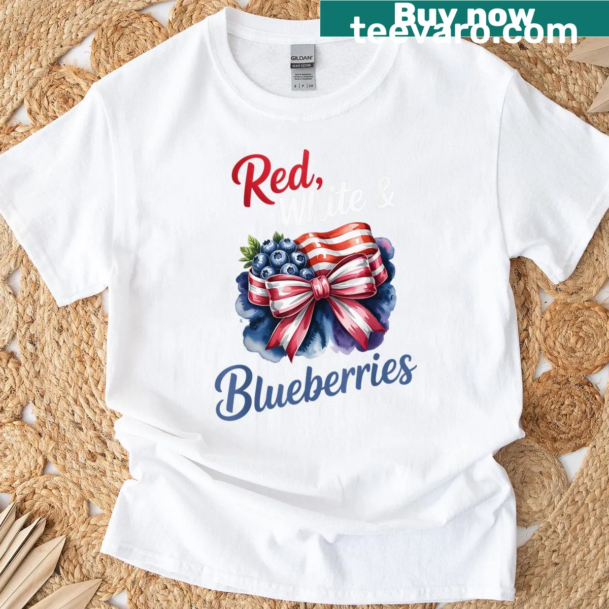 Funny patriotic t-shirt featuring playful graphic of blueberries and national colors — on a men's t-shirt