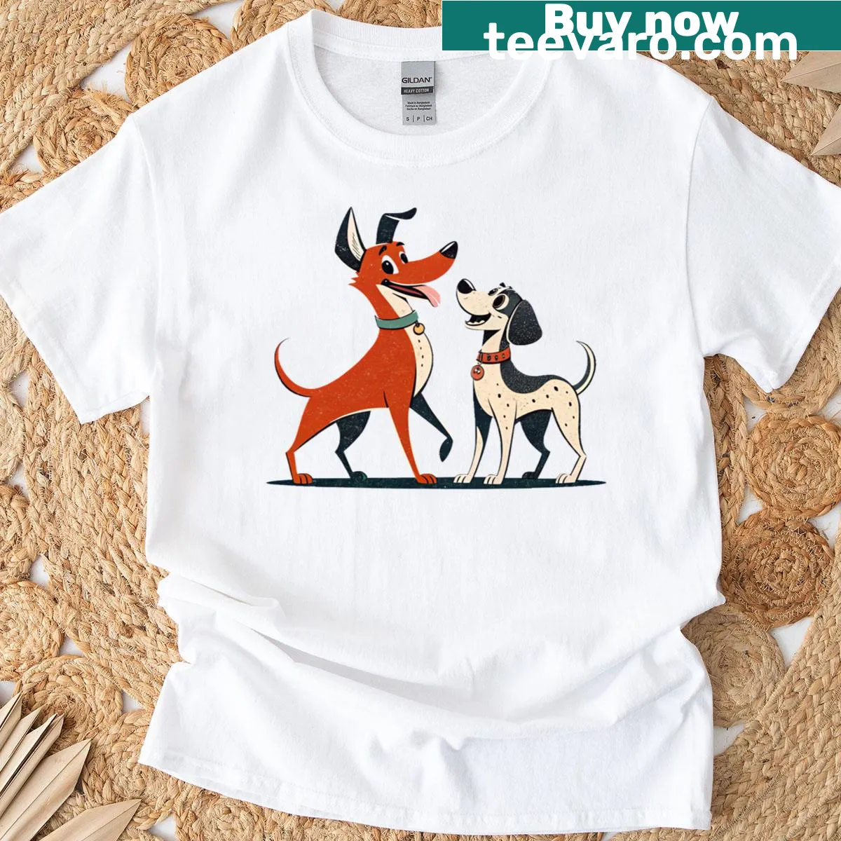 Retro 50s 60s style T-shirt featuring various dog silhouettes — on a men's t-shirt