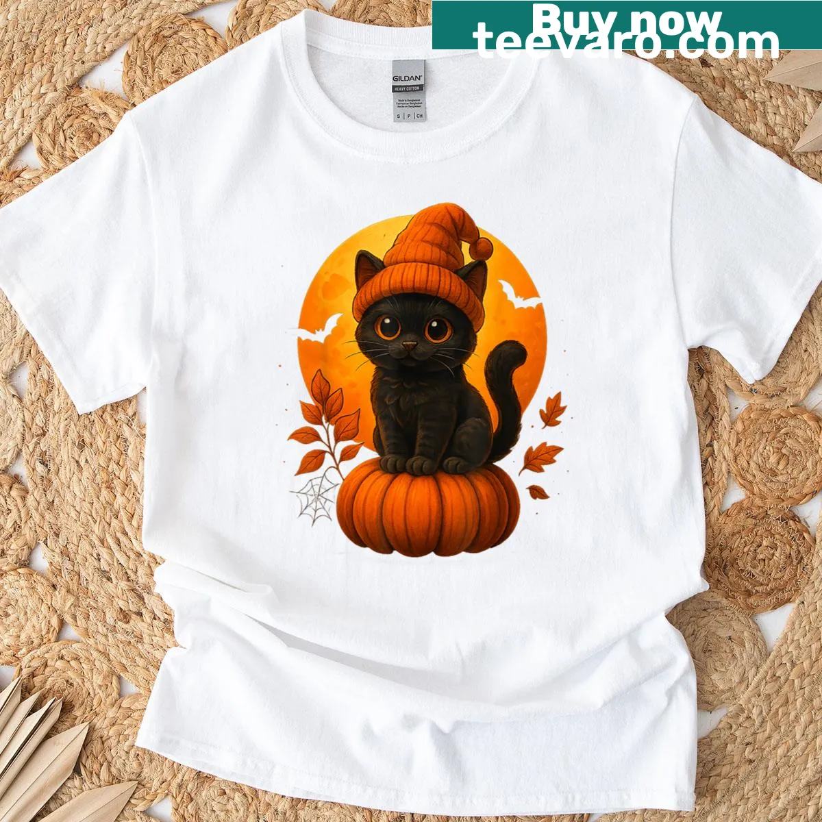 Cute retro Halloween t-shirt with a black cat and pumpkin graphic — on a men's t-shirt