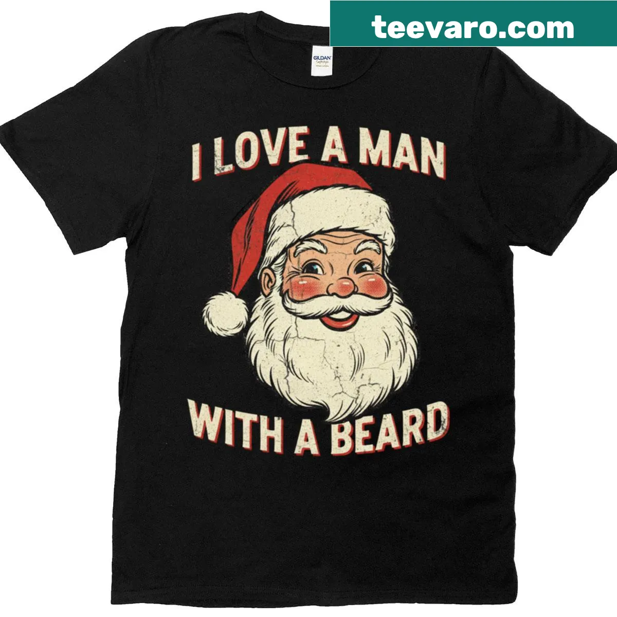 Retro I Love A Man With A Beard Santa t-shirt with festive design — on a men's t-shirt