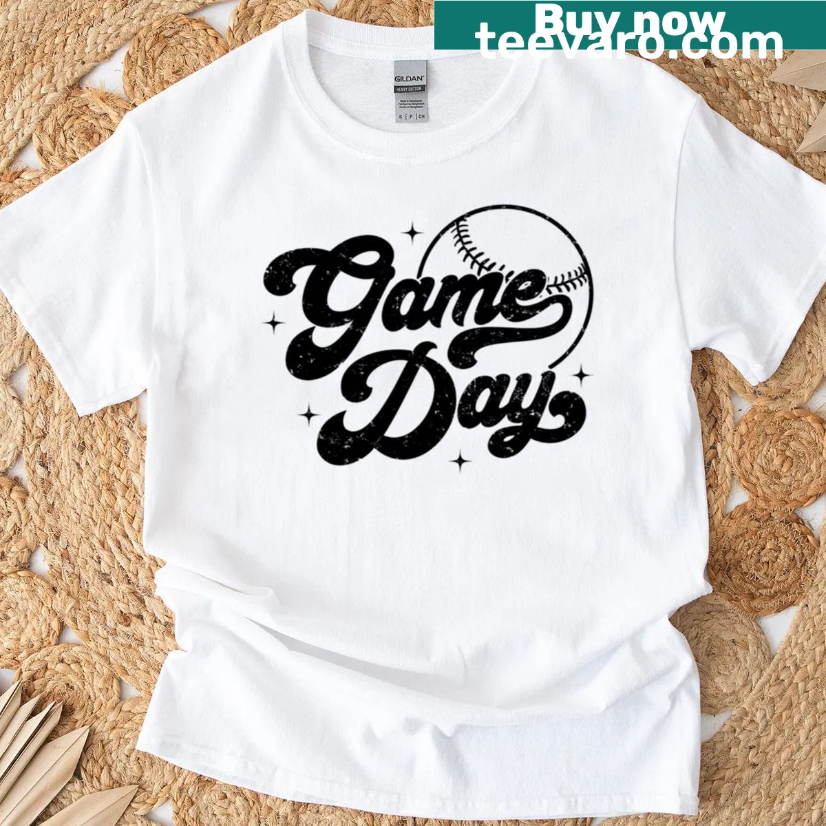 Distressed retro baseball game day T-shirt design — on a men's t-shirt