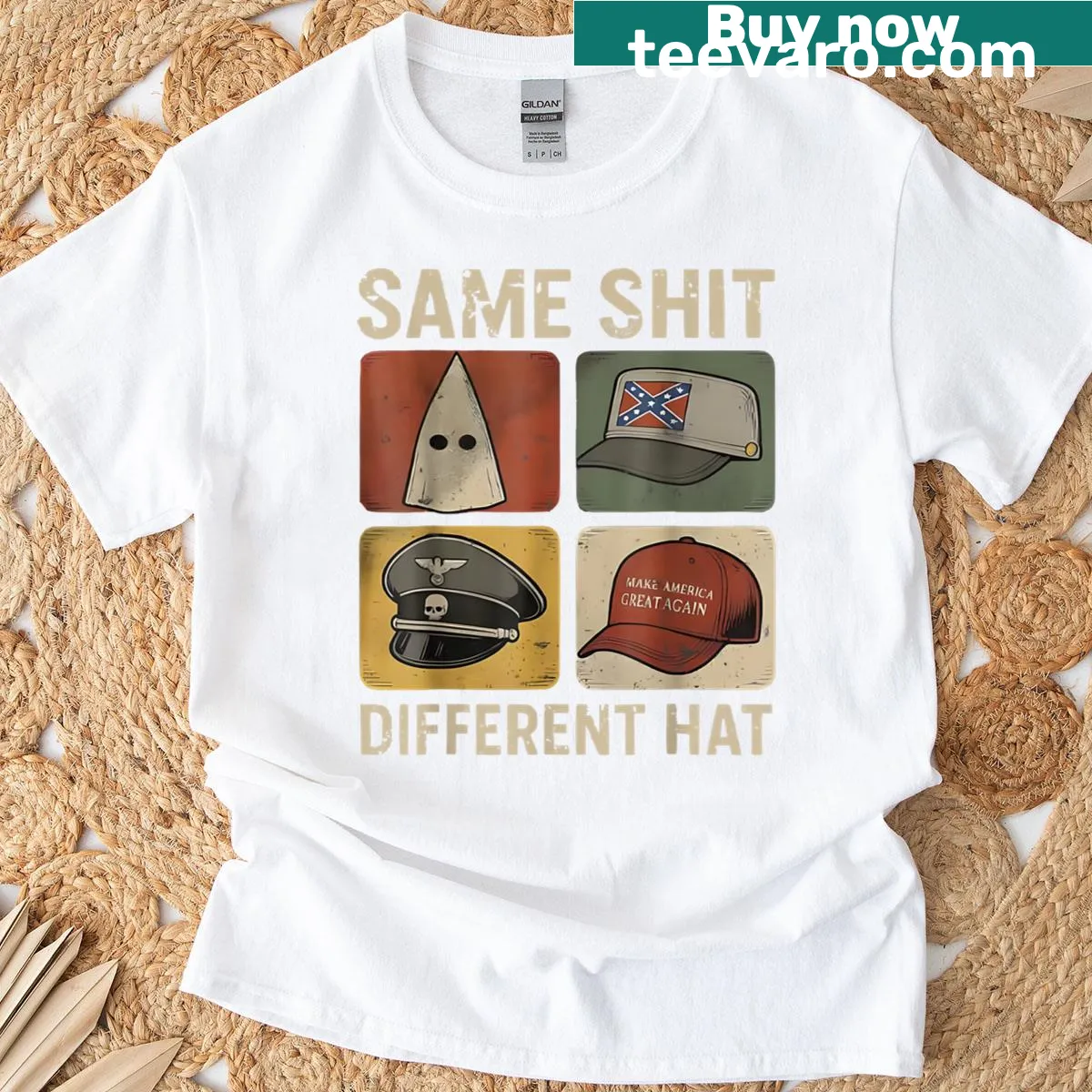 Retro design T-shirt with 'Same Shit Different Hat' text — on a men's t-shirt