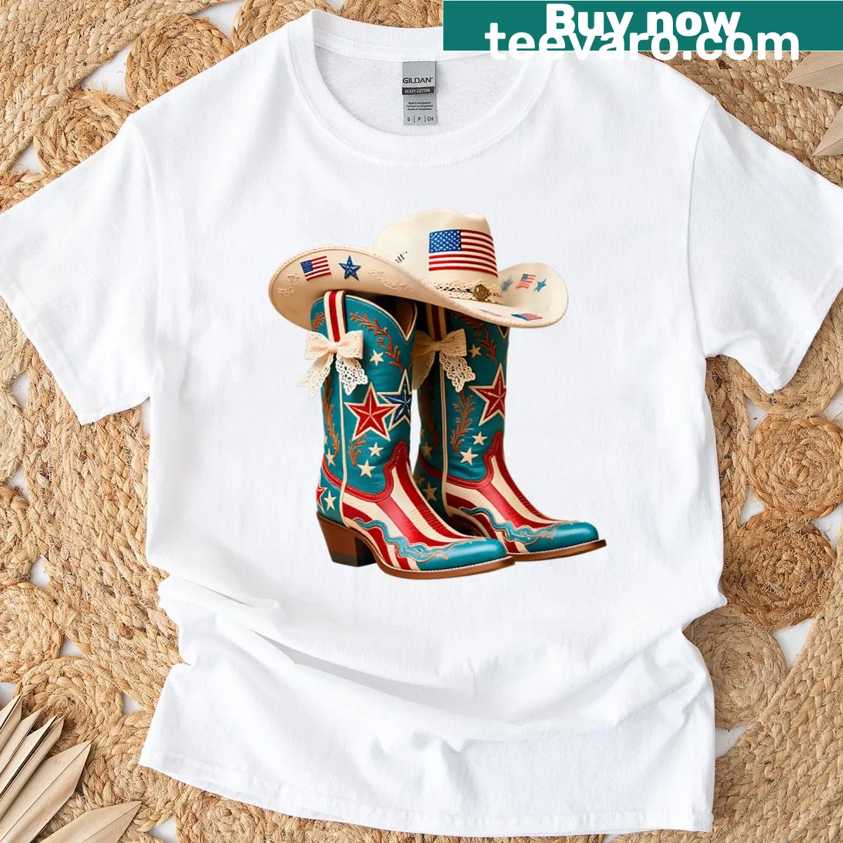 T-shirt with vintage design of cowgirl boots and American flag — on a men's t-shirt