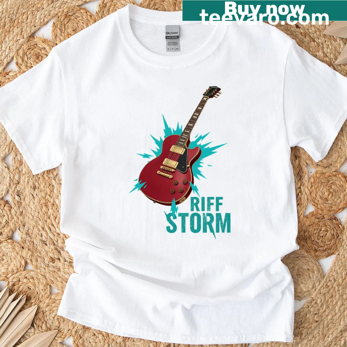 Bold T-shirt featuring a guitar and lightning graphic for music lovers — on a men's t-shirt