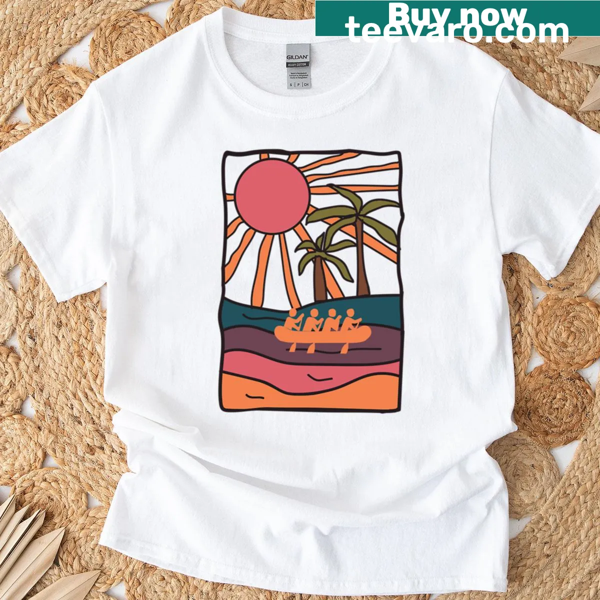 Illustrated river rafting scene on a casual T-shirt — on a men's t-shirt