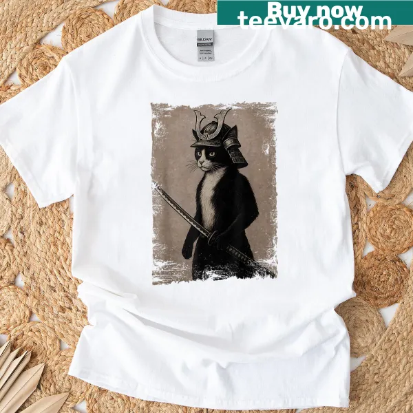 Vintage samurai cat graphic inspired by Ukiyo-e art on a T-shirt