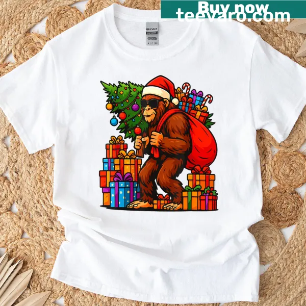 Funny Santa Bigfoot graphic T-shirt with Christmas lights