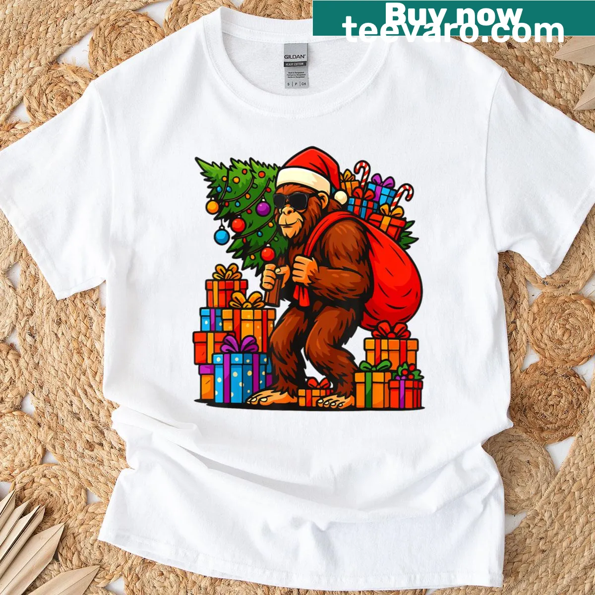 Funny Santa Bigfoot graphic T-shirt with Christmas lights — on a men's t-shirt