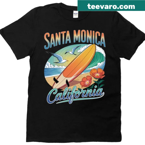 Santa Monica beach-themed t-shirt with summer illustration