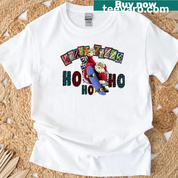Funny Christmas t-shirt featuring Santa on a skateboard with 'Ho Ho Ho'