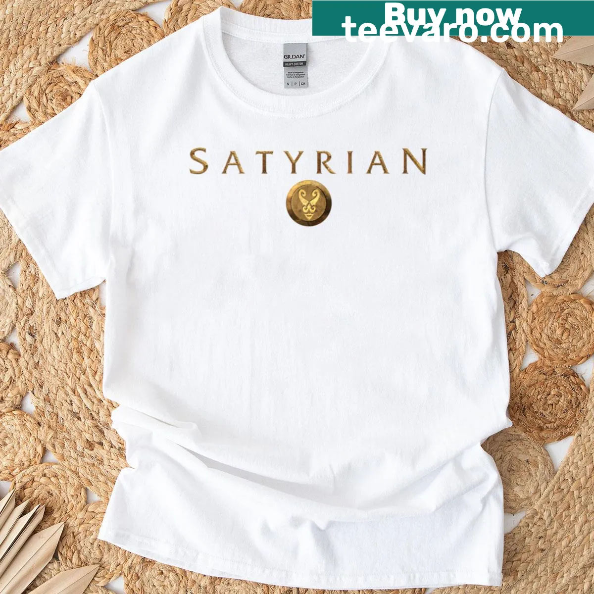 Vintage distressed graphic honoring Satyrian rock band on t-shirt — on a men's t-shirt