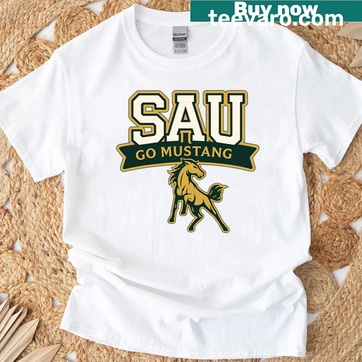 Sau Mustangs logo badge-style graphic on a t-shirt — on a men's t-shirt