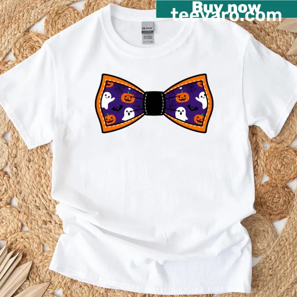 Funny Halloween t-shirt featuring a spooky bow tie illustration