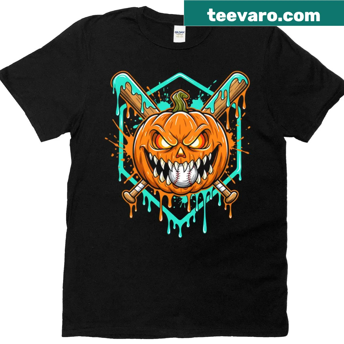 Cartoon scary pumpkin Halloween t-shirt with baseball and ice cream design — on a men's t-shirt