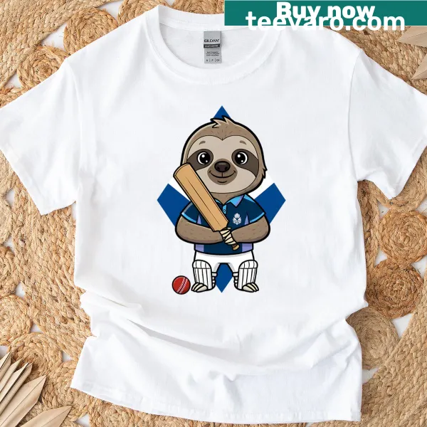 Illustration of a sloth playing cricket on a T-shirt