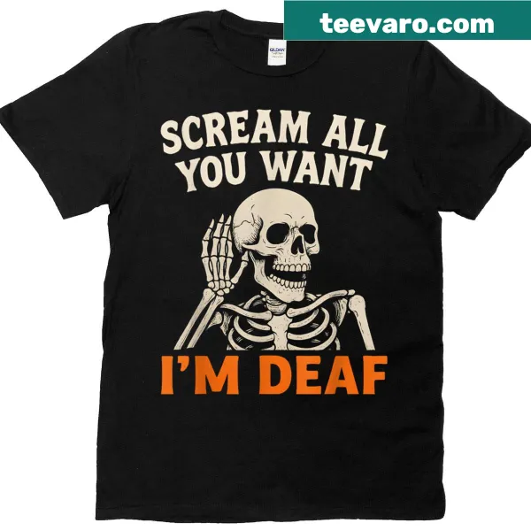 Skeleton graphic t-shirt with humorous deafness message for Halloween