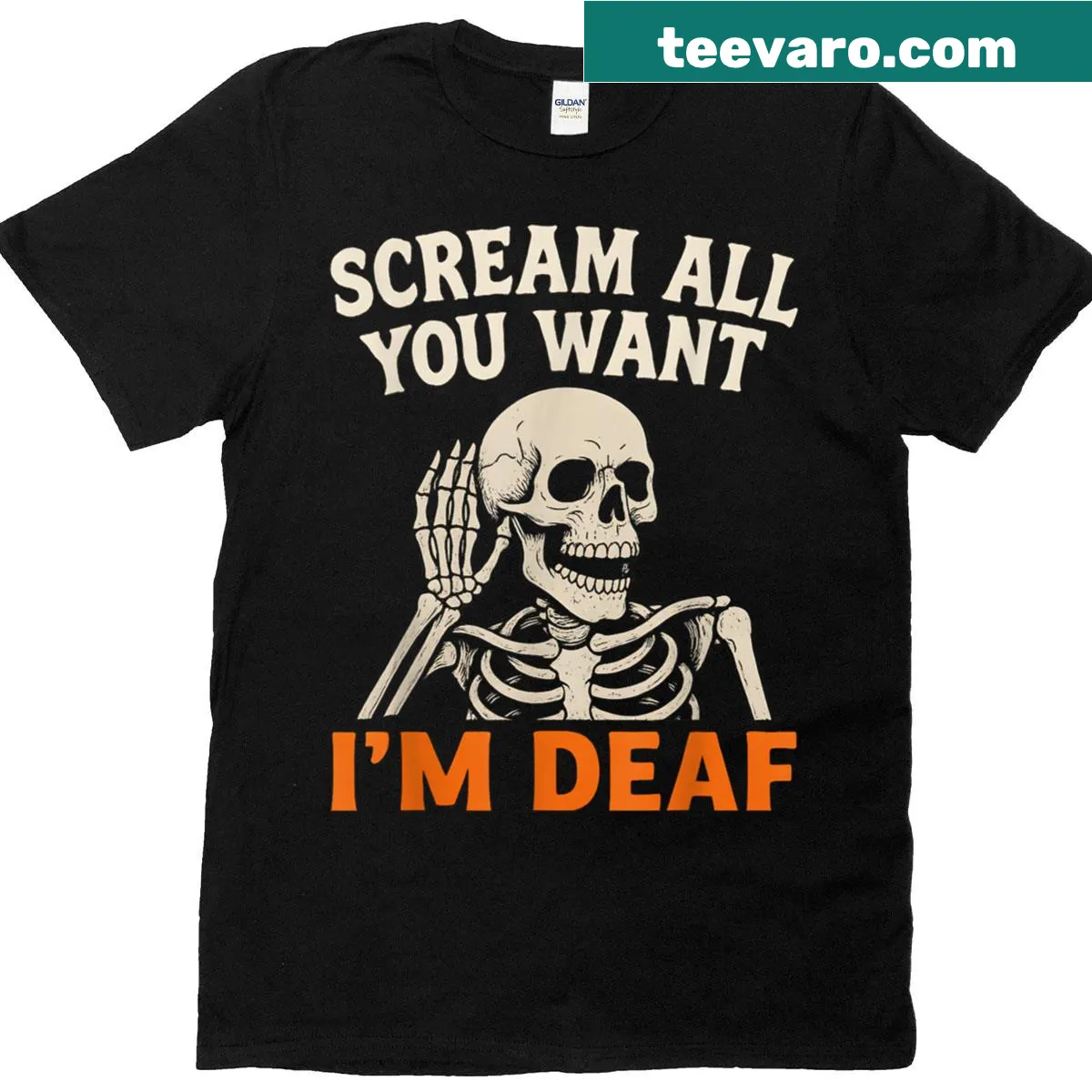 Skeleton graphic t-shirt with humorous deafness message for Halloween — on a men's t-shirt
