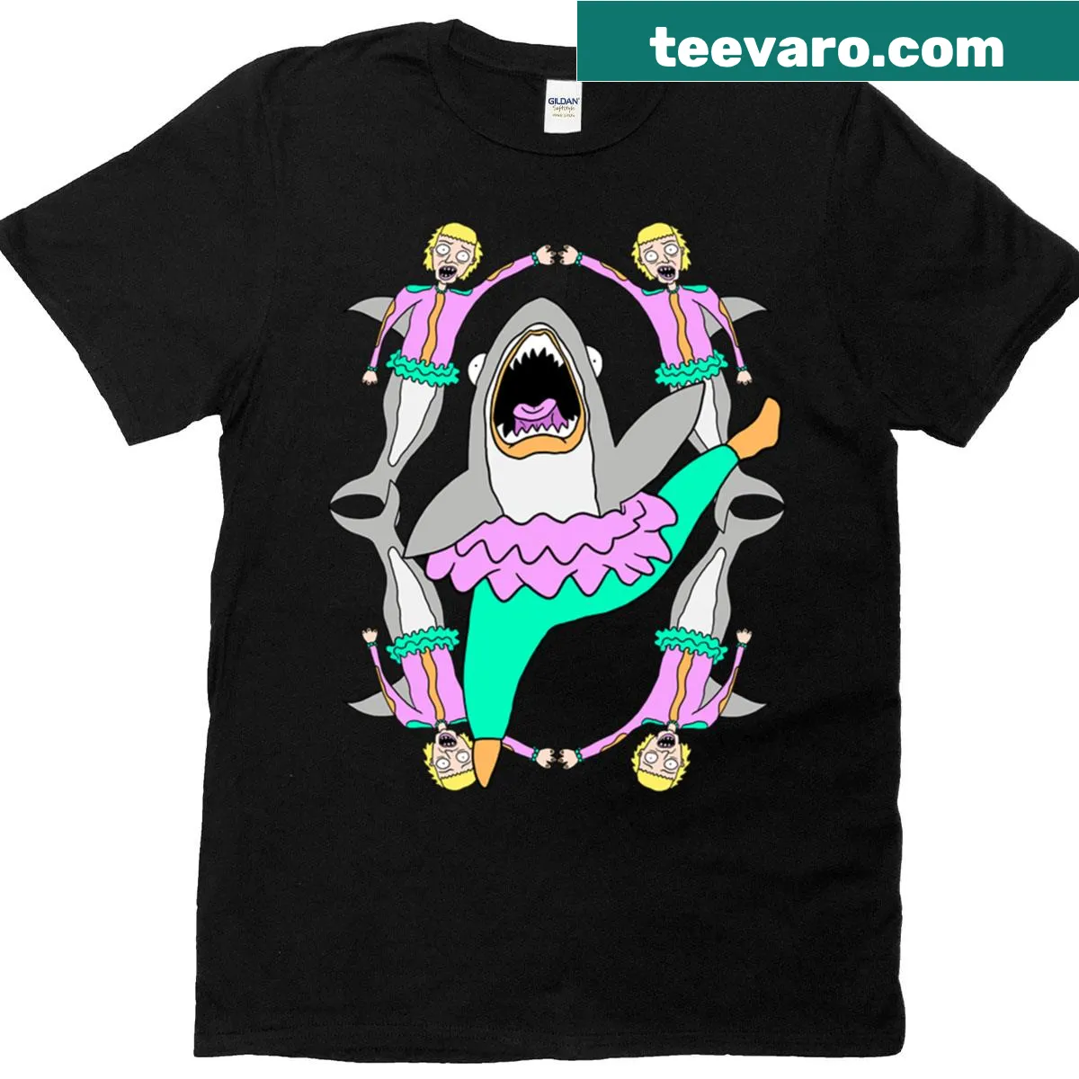 Whimsical T-shirt featuring a shark in a ballet pose — on a men's t-shirt