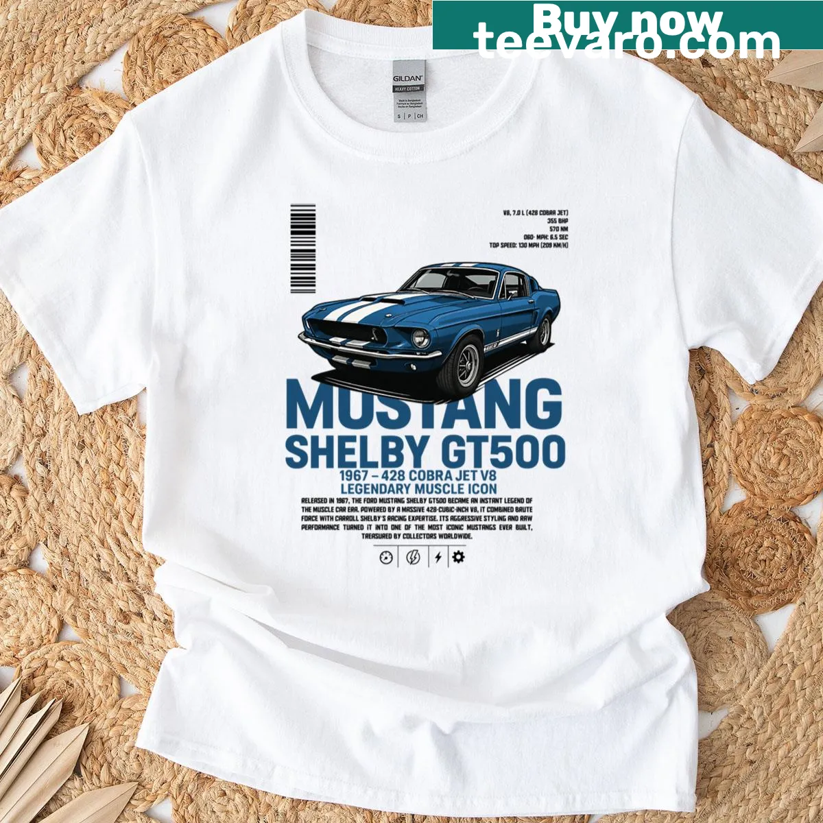 Shelby GT500 blue and white design T-shirt — on a men's t-shirt