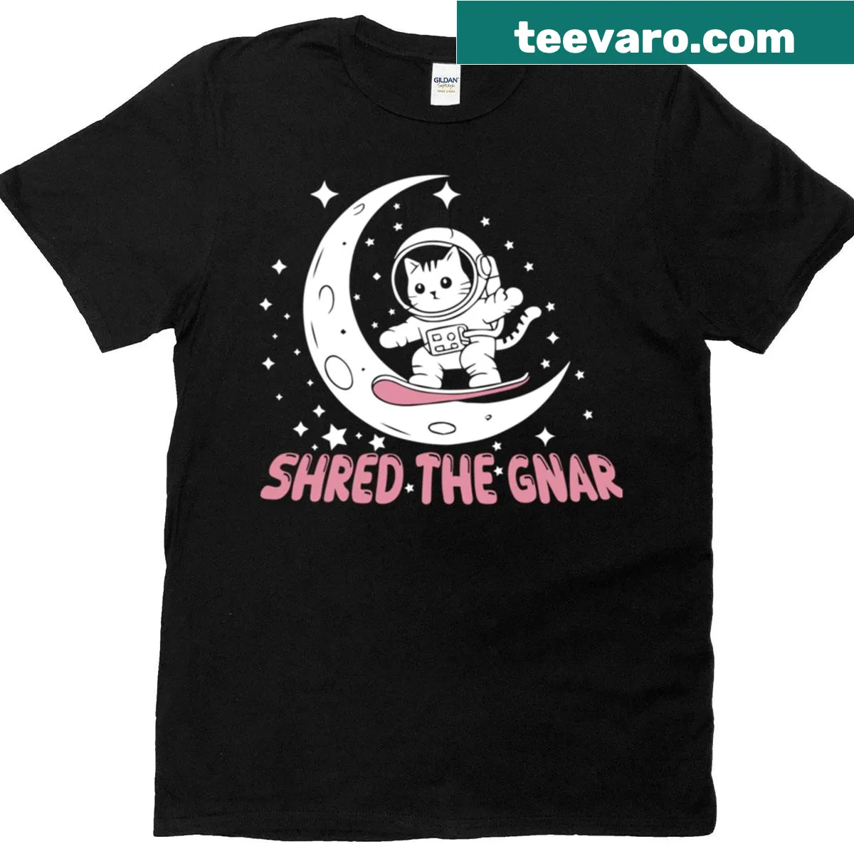 Extreme sports-themed t-shirt with 'Shred The Gnar' graphic — on a men's t-shirt