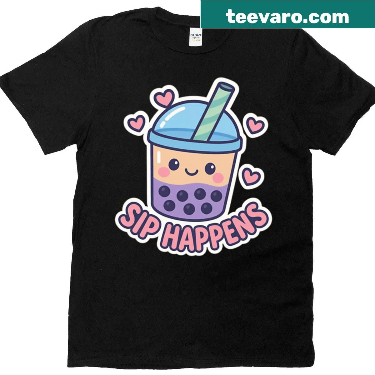 Funny bubble tea pun design T-shirt with the phrase 'Sip Happens' — on a men's t-shirt