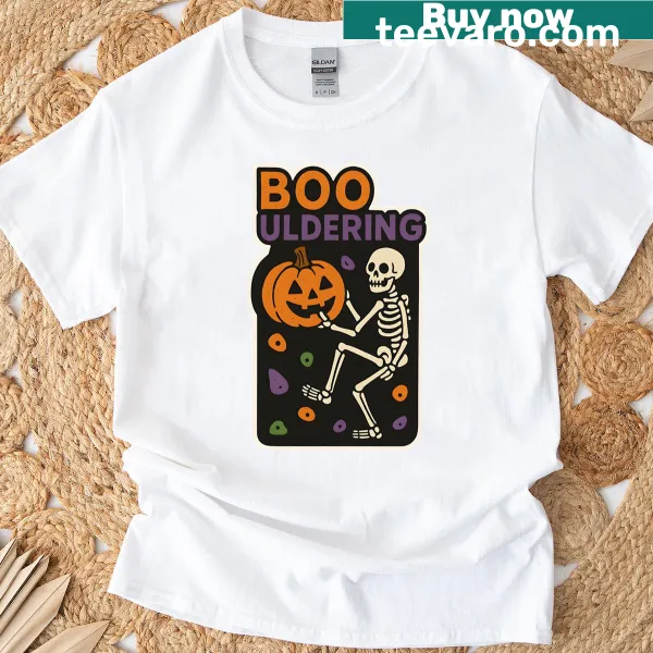 Skeletal champion bouldering design on a T-shirt