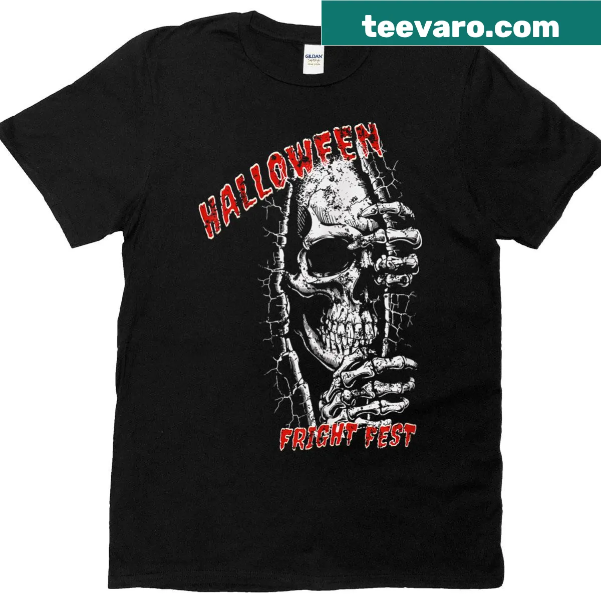Playful Halloween T-shirt with cheerful skeleton graphic — on a men's t-shirt